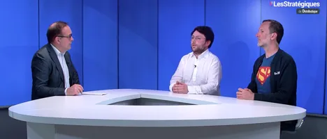 Valentin Bourgeois (Dhala), Thomas Bresse (BeMSP) et Olivier Bellin sur le plateau LesStratégiques de Distributique